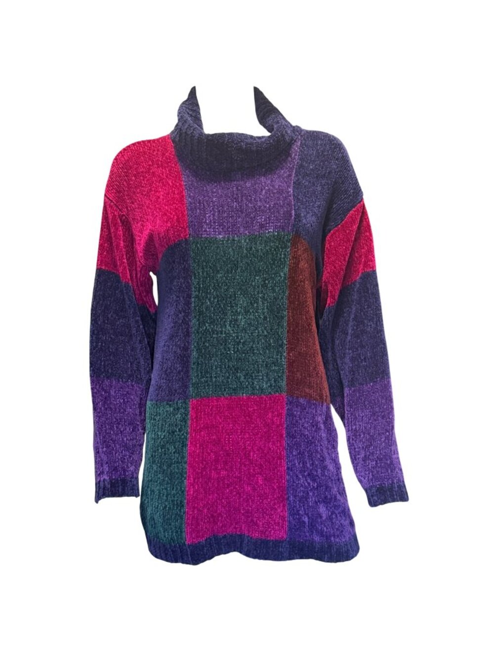 Bentley Womens Patchwork Chenille Sweater Purple Multicolor Vintage 90s